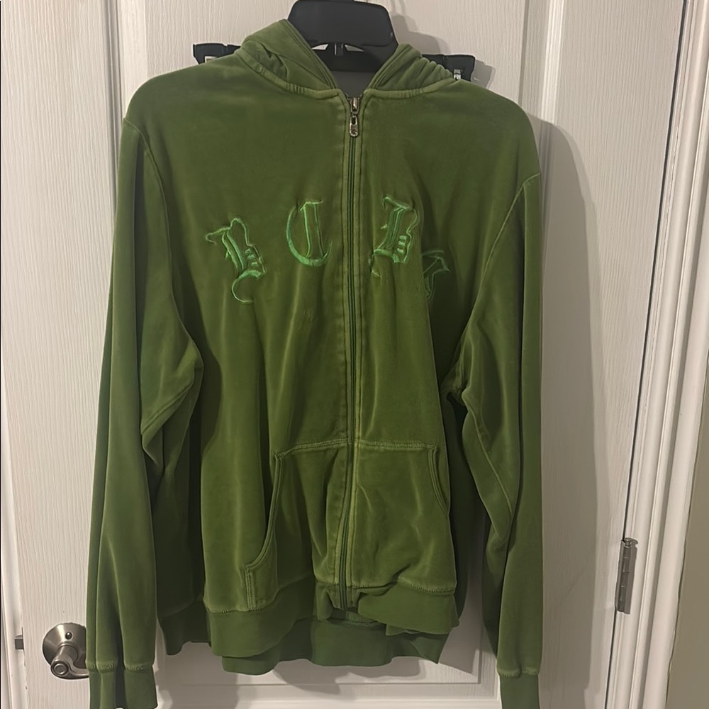 Green Velour Zip Up Hoodie with Embroidered Design